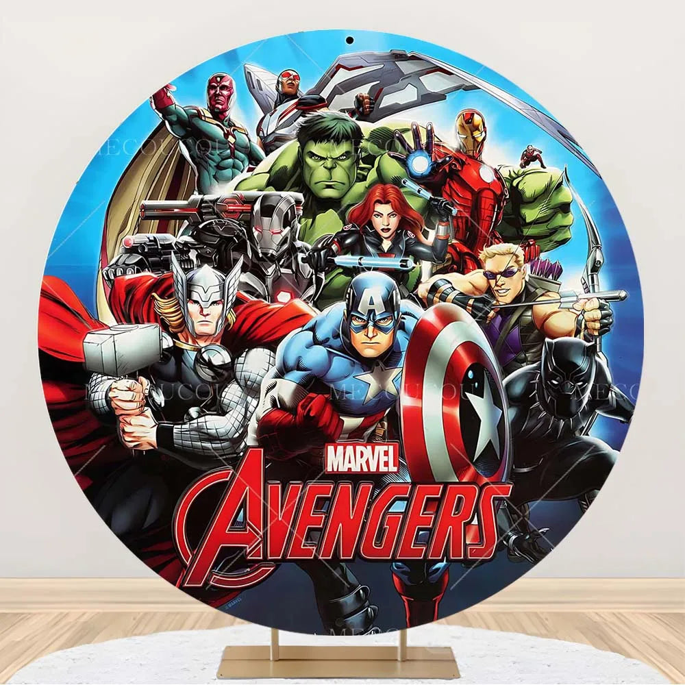 Rund Avengers-bakgrund – Födelsedagsdekoration med hjältegrupp