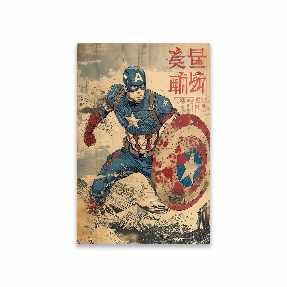 Plakát Avengers Captain America – štít ve vintage japonském stylu