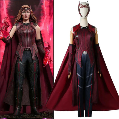 Wanda Maximoff Scarlet Witch-cosplaydräkt – röd jumpsuit med mantel och huvudbonad