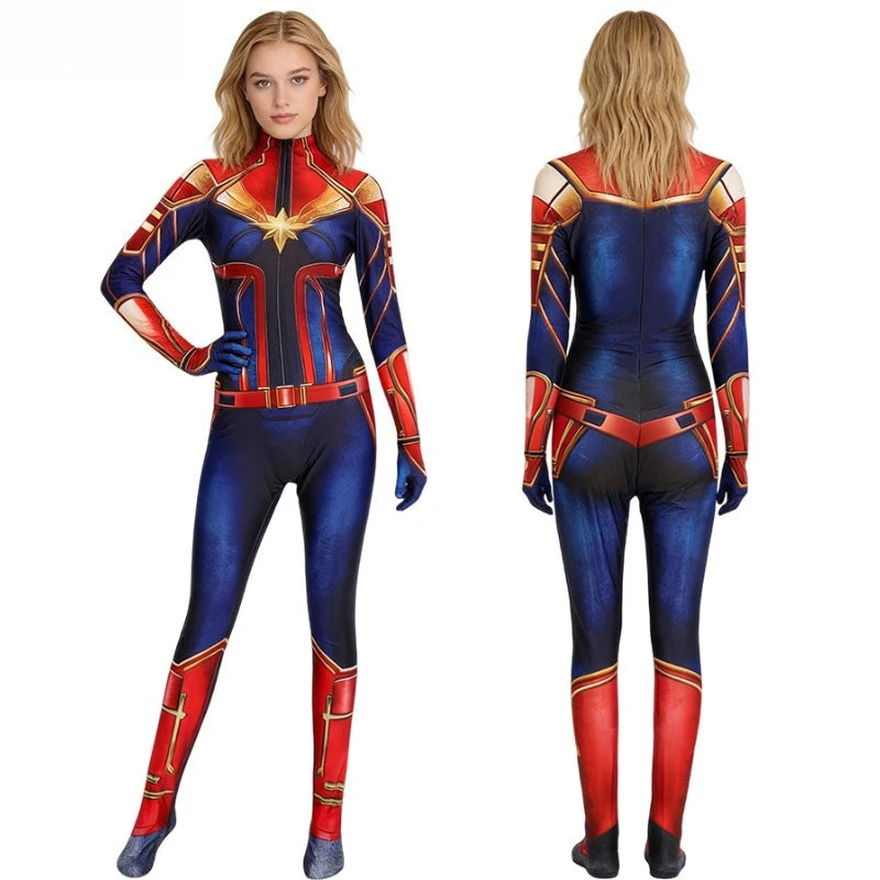 Captain Marvel-cosplaydräkt – blå och röd zentai