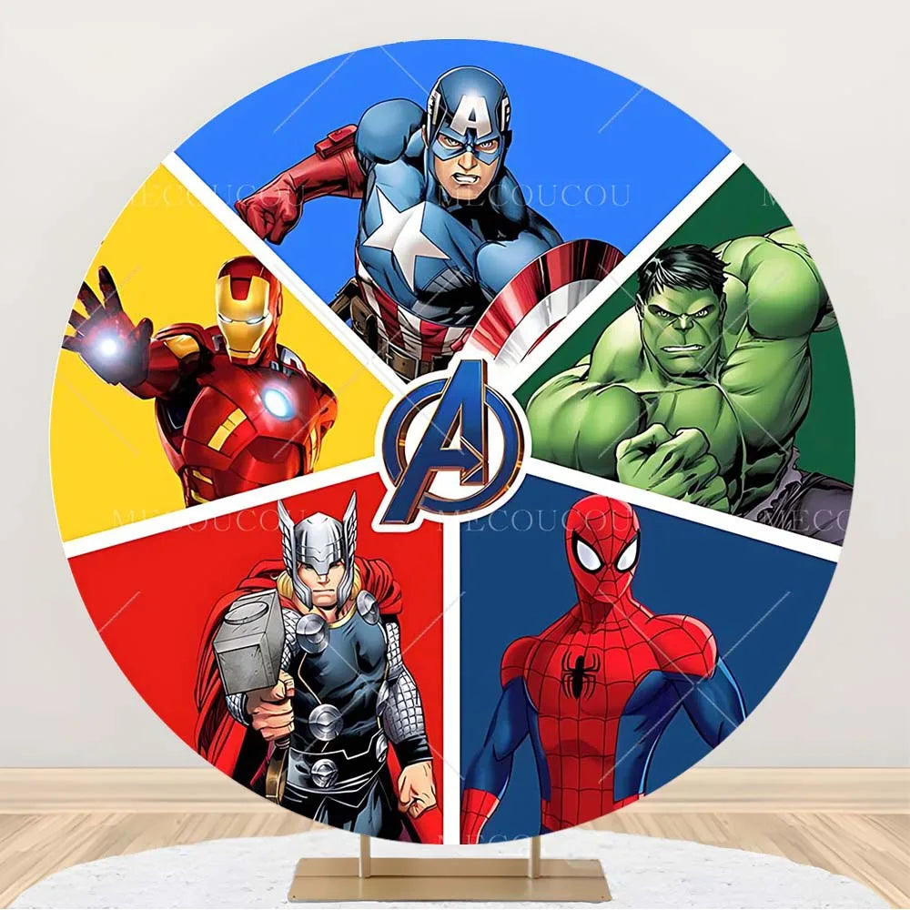 Rund Avengers-bakgrund – Födelsedagsdekoration med hjältegrupp