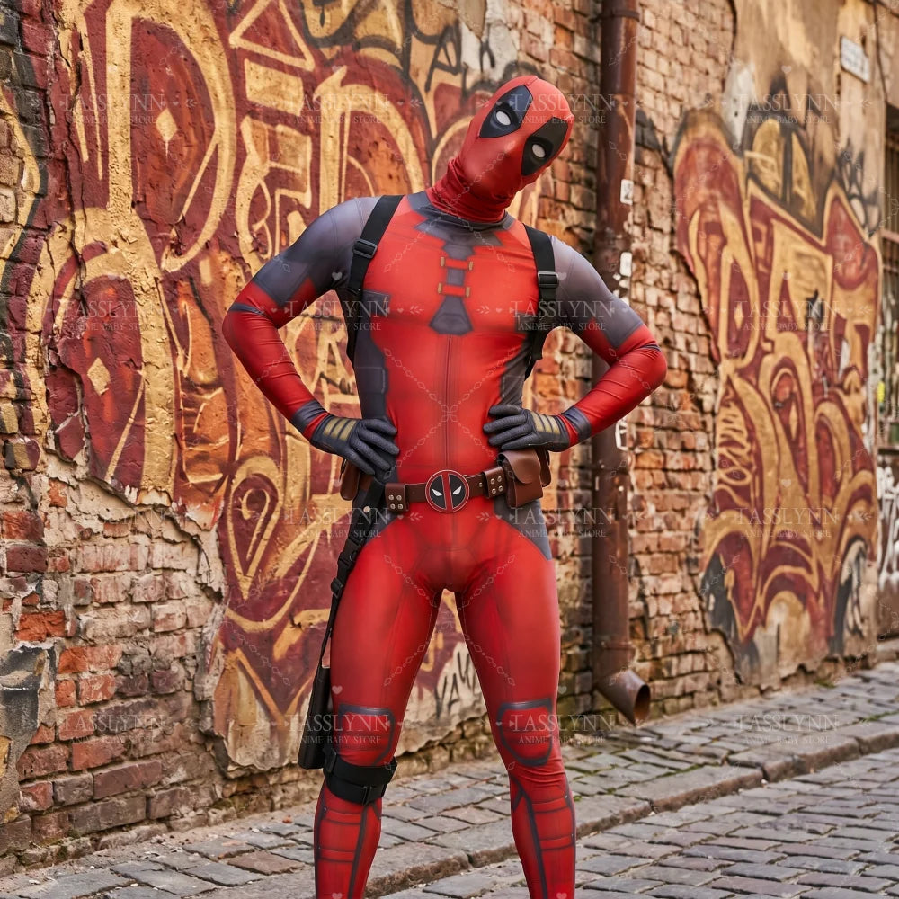 Komplett Deadpool-cosplaydräkt – katanas, mask och bälte för vuxna