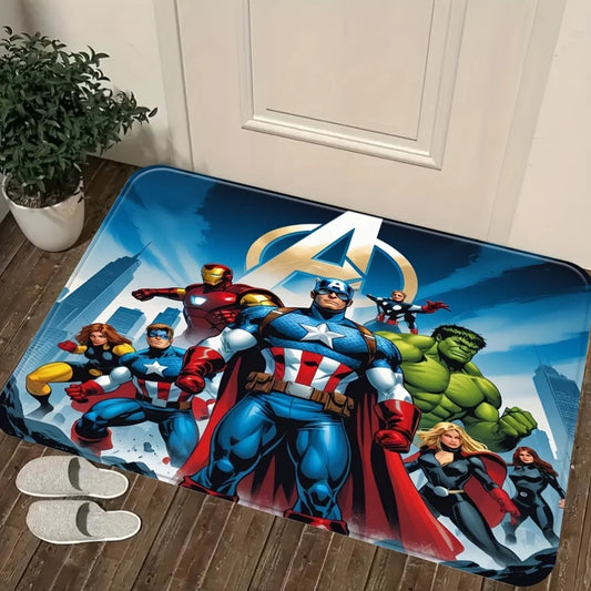 Avengers-matta med hjältegruppen – Gyllene A-logotyp och stad