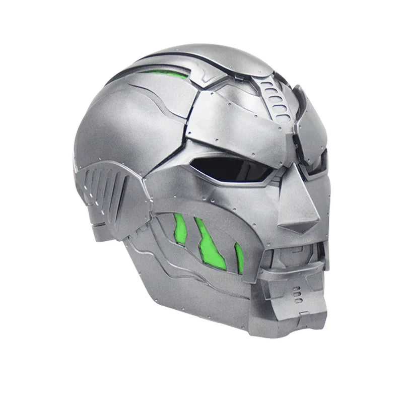 Doctor Doom-maske – sølvfarvet metalhjelm med kantet grønt design