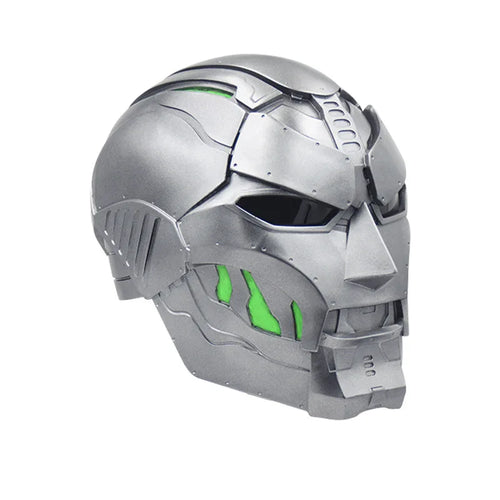 Doctor Doom-maske – sølvfarvet metalhjelm med kantet grønt design