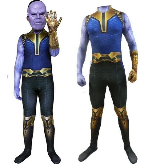 Costum Thanos – combinezon albastru și auriu, cu mănușă