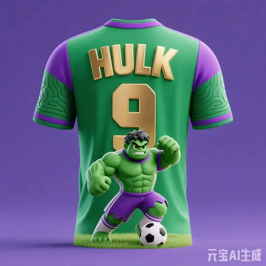 Fotbalový dres Avengers Hulk – fialové pozadí s pruhovanými ponožkami, č. 9