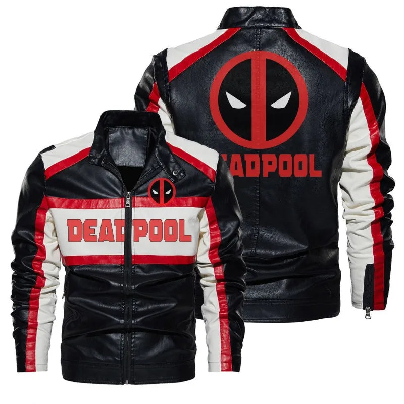 Deadpool-skinnjacka för män – röd, svart och vit logotyp, motorcykelstil