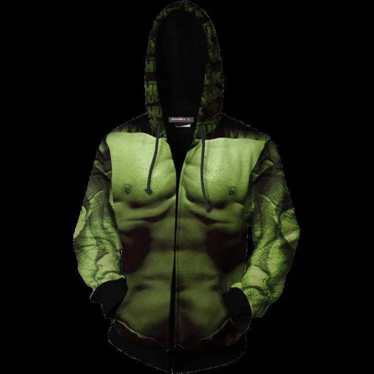 Mikina s kapucí Hulk – na zip, potisk vyrýsovaného hrudníku