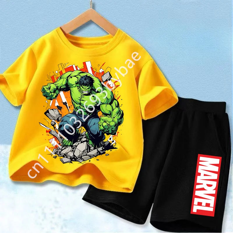 Avengers Hulk-børne-T-shirt - gult sæt med sorte shorts