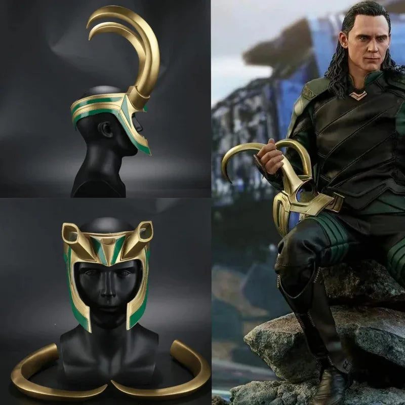 Loki cosplay sisak – aranyszínű szarvakkal és smaragddíszekkel