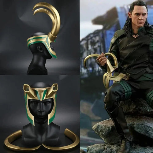 Loki cosplay sisak – aranyszínű szarvakkal és smaragddíszekkel