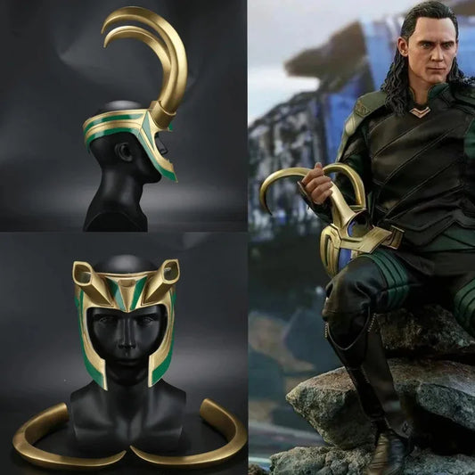 Cască de cosplay Loki – coarne aurii și smarald