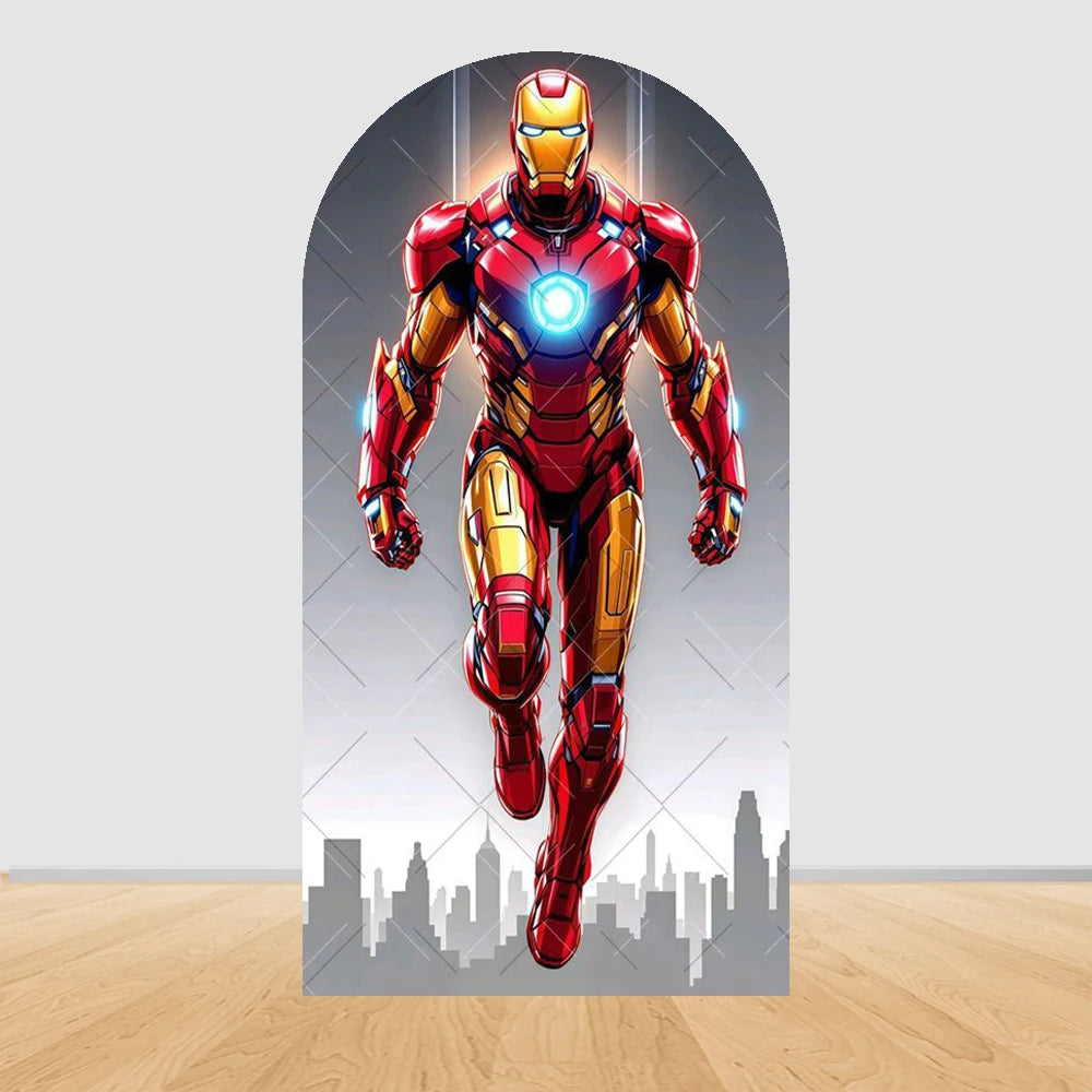 Narozeninová oblouková dekorace Avengers Iron Man – silueta letu nad městem