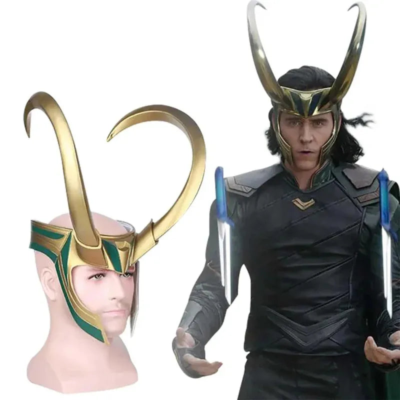 Loki cosplay sisak – aranyszínű szarvakkal és smaragddíszekkel