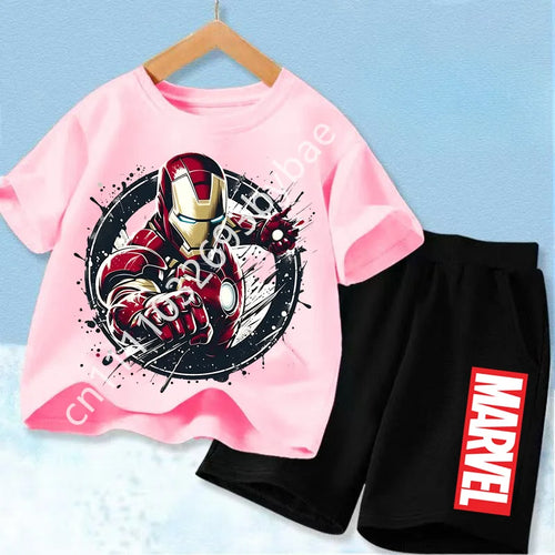 Kids Avengers Iron Man T-Shirt - Pink Set Black Shorts