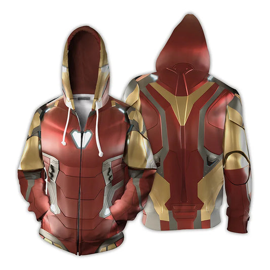 Iron Man mikina na zip s kapucí – 3D potisk červeno-zlatého brnění