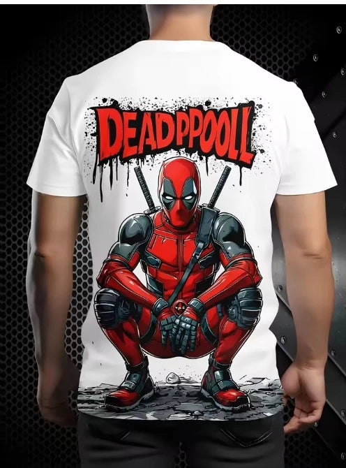 T-shirt masculina Deadpool 3D - Agachado com katanas sobre fundo branco