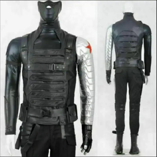 Winter Soldier-kostume – Sort dragt med metalarm og rød stjerne