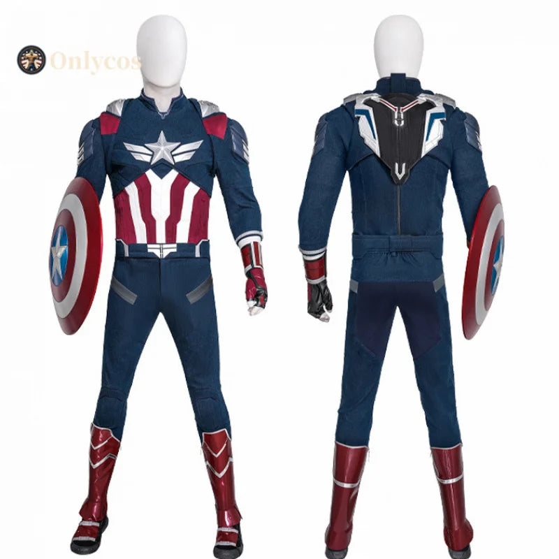 Captain America-utklädnad (Falcon) – blå, vit och röd dräkt med rustning och sköld