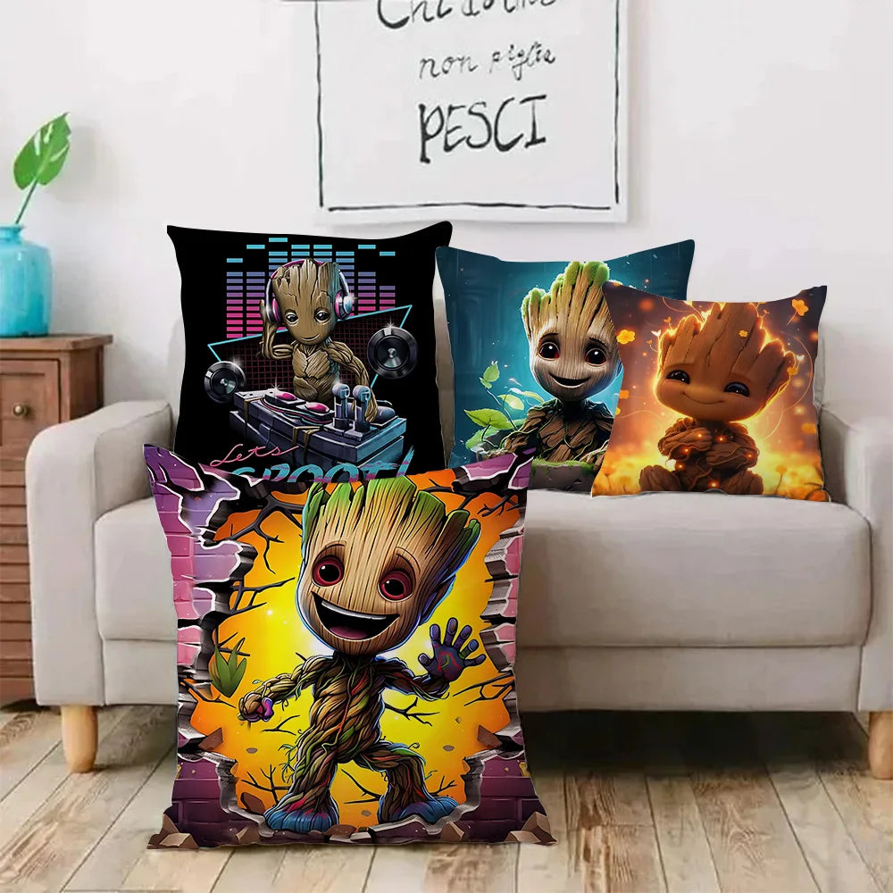Baby Groot díszpárnahuzat – DJ-fejhallgató, neon „Let's Groot”