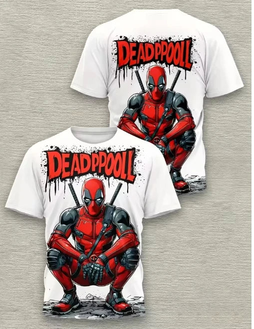T-shirt masculina Deadpool 3D - Agachado com katanas sobre fundo branco