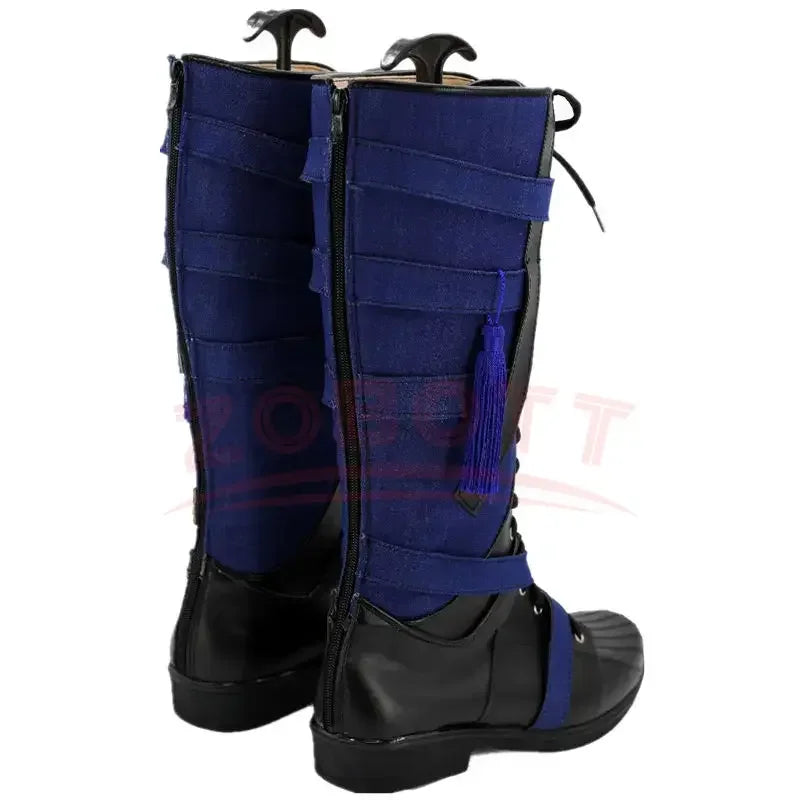 Botas de cosplay fantasia - Couro azul-marinho e preto com pompom (mulher)
