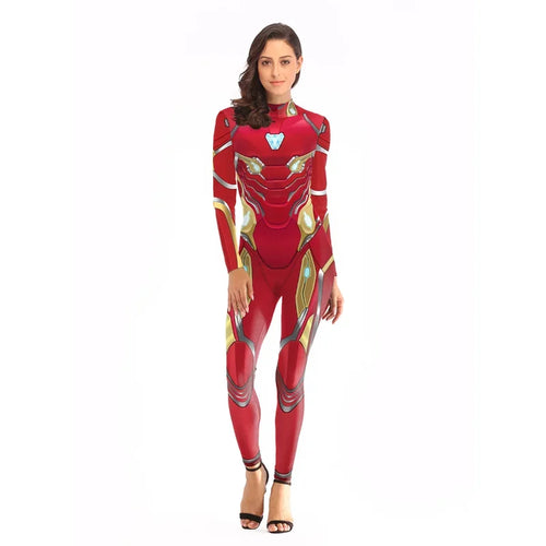 Iron Man-dräkt – röd och guldfärgad jumpsuit med triangulär reaktor
