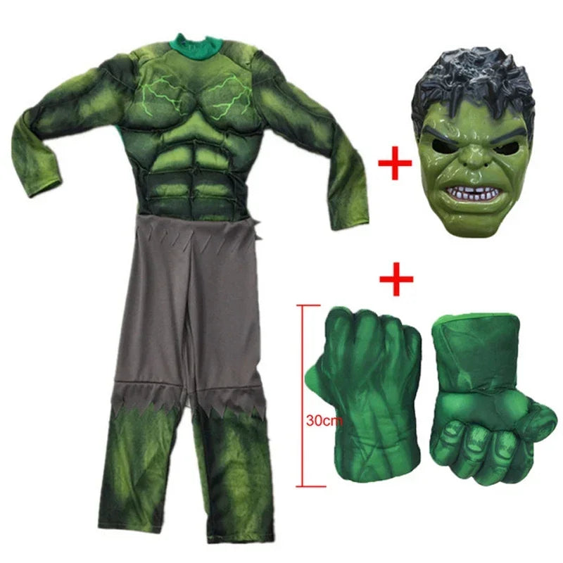 Hulk-jelmez gyermekeknek – zöld izomhatású kezeslábas maszkkal és kesztyűvel