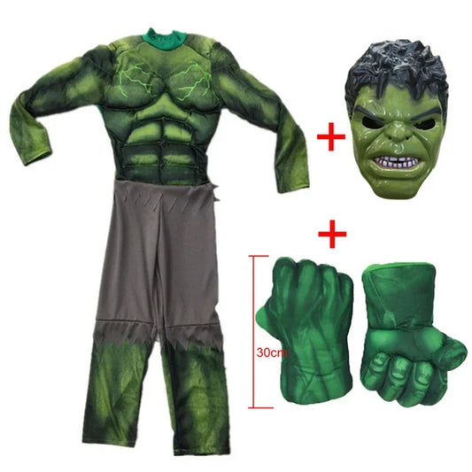 Hulk-jelmez gyermekeknek – zöld izomhatású kezeslábas maszkkal és kesztyűvel
