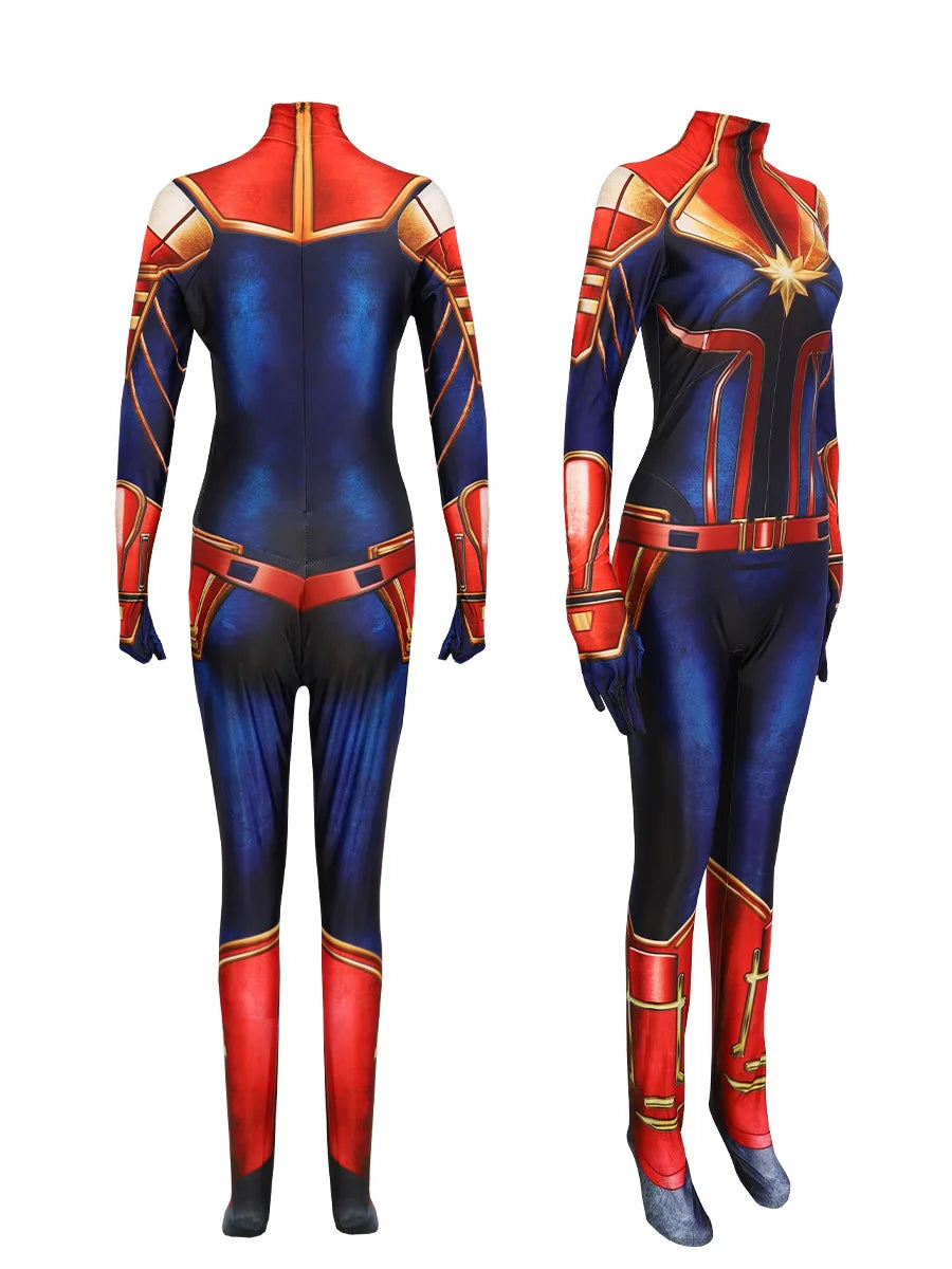 Costum Captain Marvel – combinezon albastru, roșu și auriu