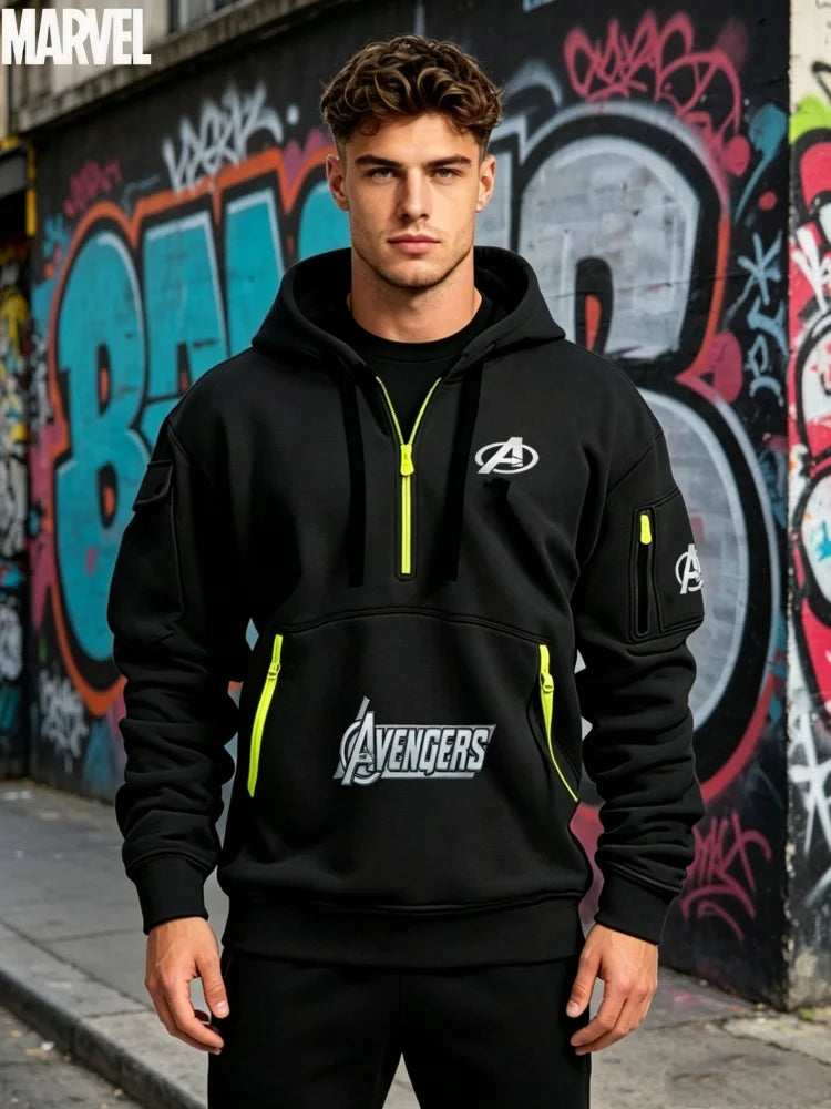 Avengers Half-Zip Hoodie Men's - Multi-Pocket Black Yellow