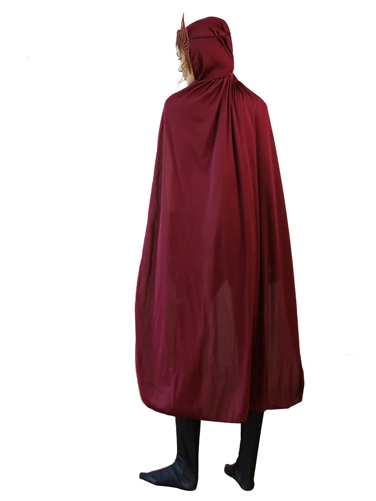 Wanda Maximoff Scarlet Witch-cosplaydräkt – röd jumpsuit med mantel och huvudbonad