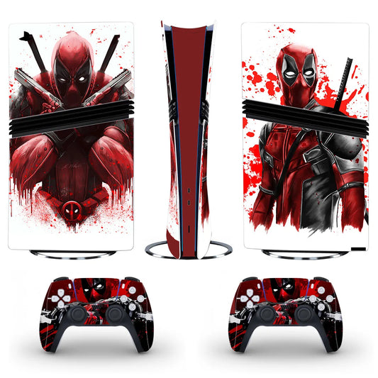 Deadpool-klistermærkeskin til PS5 Pro - konsol- og controllerdesign med katanaer