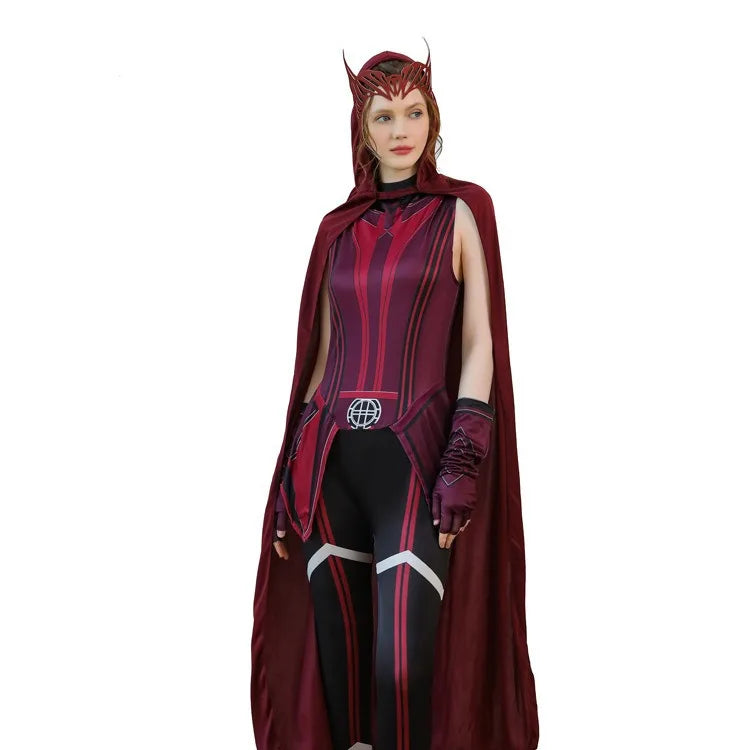 Wanda Maximoff Scarlet Witch-cosplaydräkt – röd jumpsuit med mantel och huvudbonad