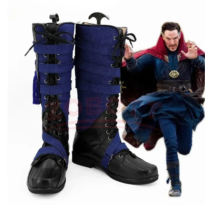 Cizme cosplay fantasy - piele albastru marin și neagră, cu pompon (bărbați)