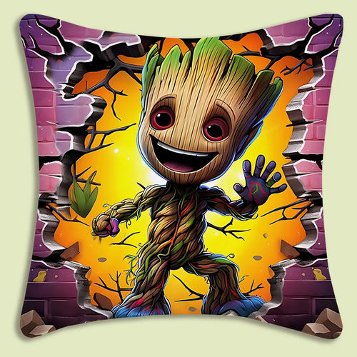 Pudebetræk med Baby Groot - går gennem en mur i pink og gul mursten