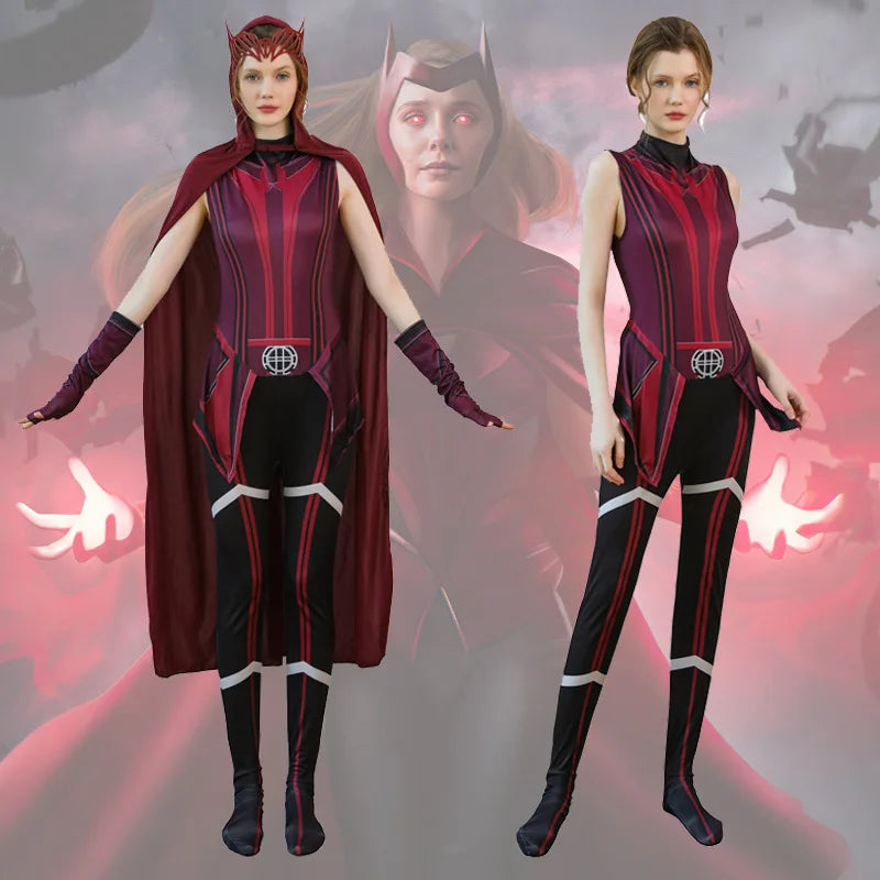 Wanda Maximoff Scarlet Witch-cosplaydräkt – röd jumpsuit med mantel och huvudbonad