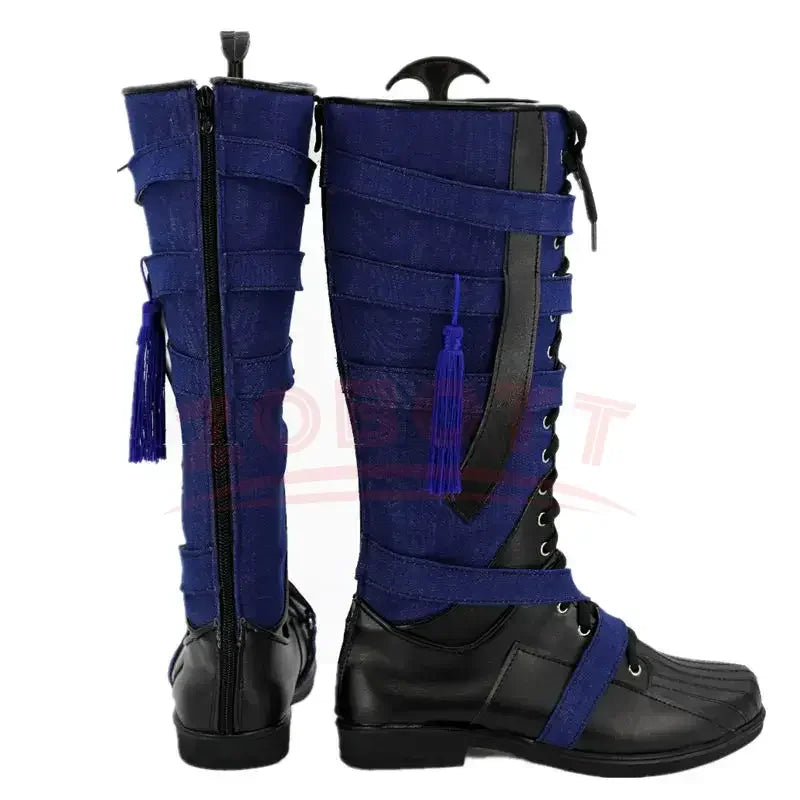Botas de cosplay fantasia - Couro azul-marinho e preto com pompom (mulher)