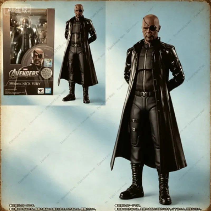 S.H.Figuarts Nick Fury-figur – Bandai, lång rock, S.H.I.E.L.D.-direktör