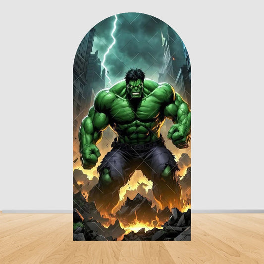 Avengers Hulk-festbakgrund med båge – brinnande ruiner